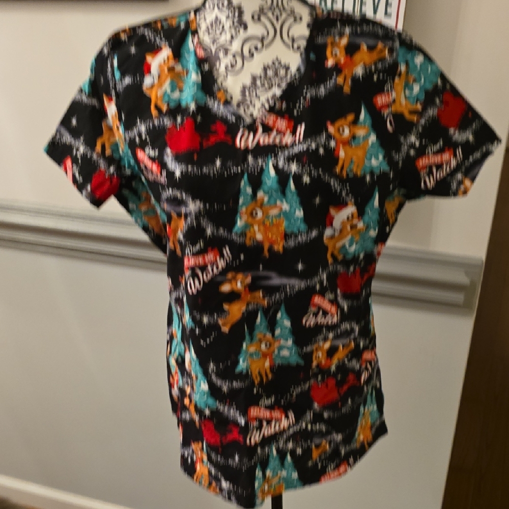 Festive Black Scrub Top with Reindeer Print